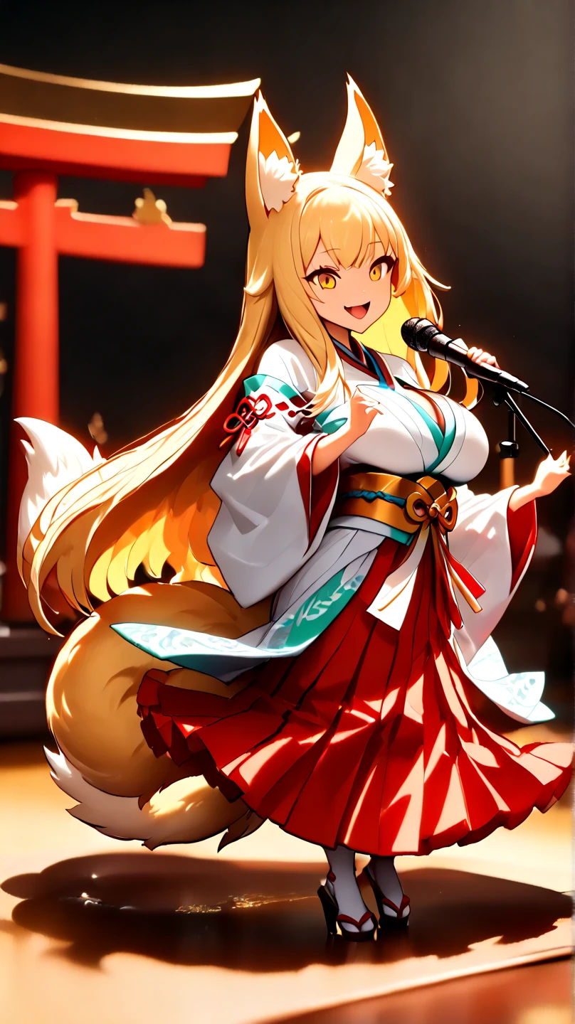 (  Masterpiece ,   top quality:1.2), ((( 1 anime girl))) , (((Alone))),   expressive eyes , Fox&#39;s Tail, ((( blonde long hair ))). ((( straight hair))), milf, mature woman, (smile), ((( golden eyes))), (((Standard shrine maiden costume))), ((( fox ears))), Big Breasts, 嬉しそうなsmile, face shot, (((Hold the microphone and sing with your mouth open))),  looking at camera, goofy look, (((Torii of the small shrine ))),  Volume Light ,  subsurface scattering,  Cinematic Light ,  chiaroscuro,  jyojifuku, miko,red hakama, HUGE STUDY ROOM , ((( A miniature of a shrine on a huge desk))), ((( a very small hand-riding goddess on a huge desk))), Bird&#39;s-eye view, (((Tiny 5 cm tall woman ))), SD girl 