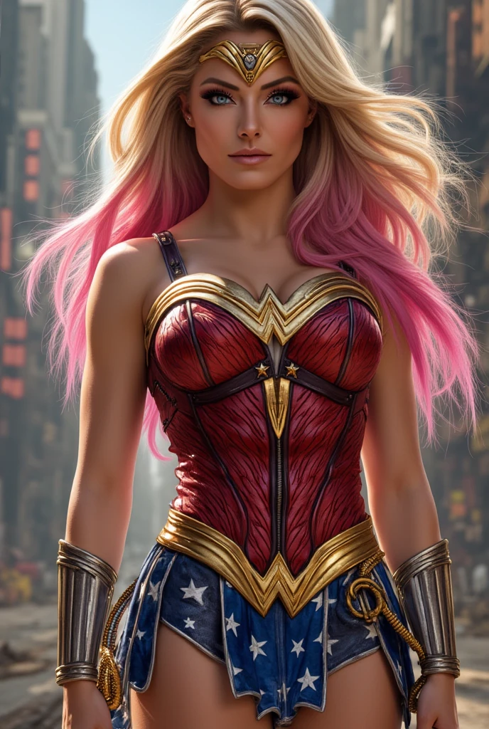 Wonder woman outfit, blonde and pink hair