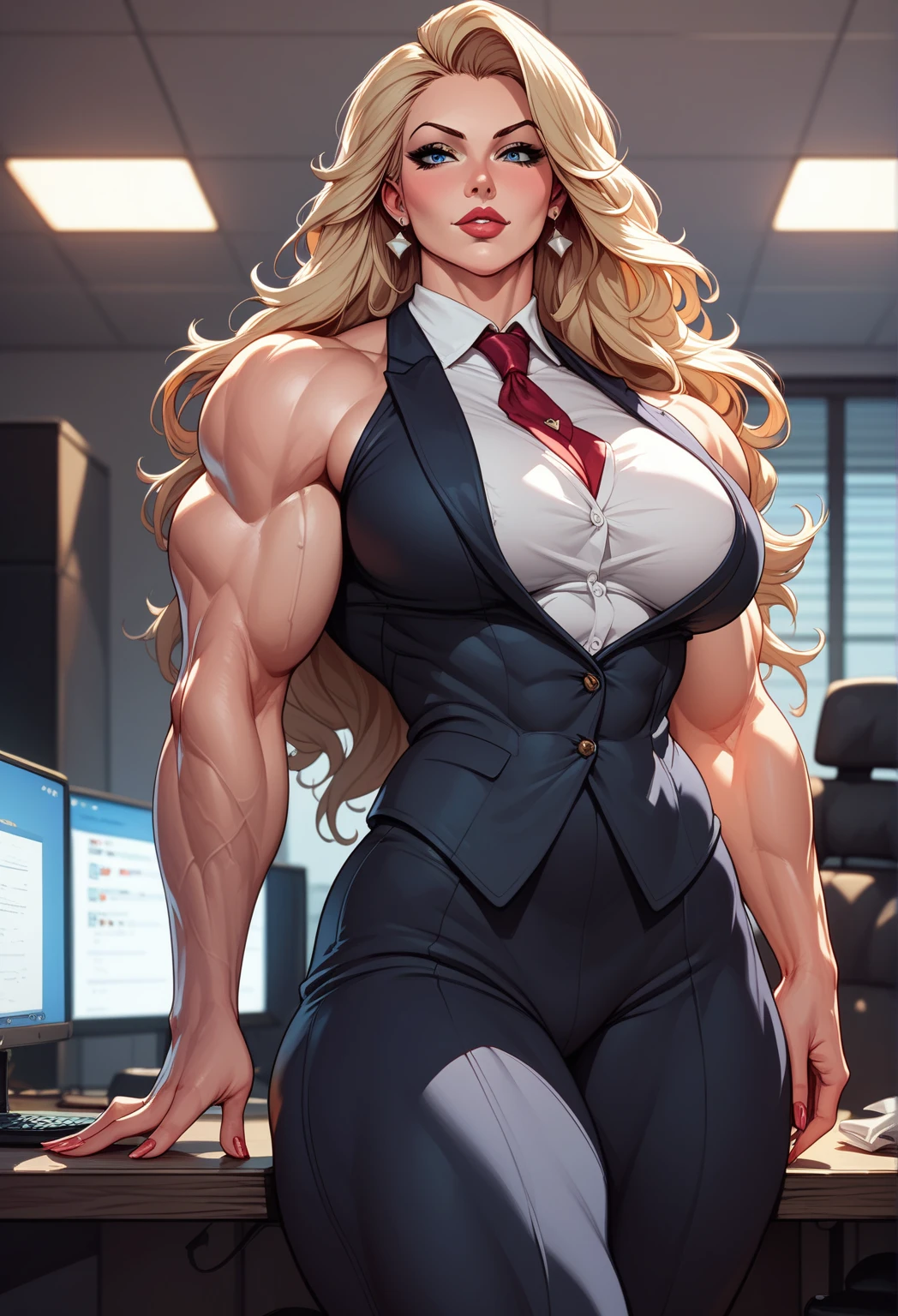 _   anime style   ,1Women,  long blonde hair  ,  white skin  , Muscular,  long blonde hair  , Suit ,  deep neckline,   big boobs ,   big thighs,  blue eyes,  Desktop, corpo de milf, pose sexy, Seductors ,   mischievous expression , Woman Boss, imposing, provocative body, dress pants, sexy breasts, muscular female, gravata,  dominant woman 