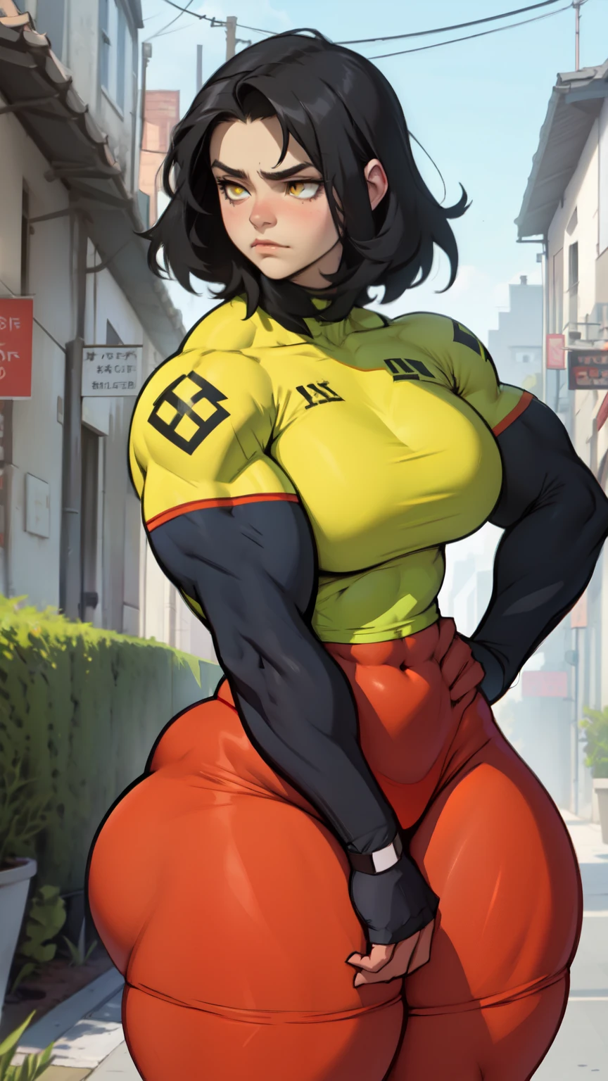bunny girl black hair yellow eyes pale skin muscular girl bunny costume bunny girl