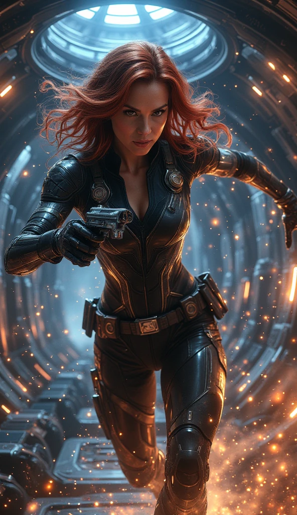 " Create a highly detailed digital illustration of Natasha Romanoff ( Black Widow), ( Scarlett Johansson), in a dynamic, action-packed scene inside a futuristic spaceship . She Try your iconic costume modernized with technological details , mixed with a futuristic Halo , with intricate metallic textures and an aerodynamic design . Natasha is in an agile and powerful pose , ready for combat, with futuristic weapons in her hands , style armor surrounded by explosions and sparks in the surrounding environment . The ship's dramatic lighting highlights the details of her costume , perfect face and expression of determination . The setting is composed of shiny panels , hologram, and an atmosphere of tension , with shades of blue and orange creating contrast and cinematic energy . Extreme Realism, ultra-detailed textures and ambient lighting for a high-quality masterpiece composition."