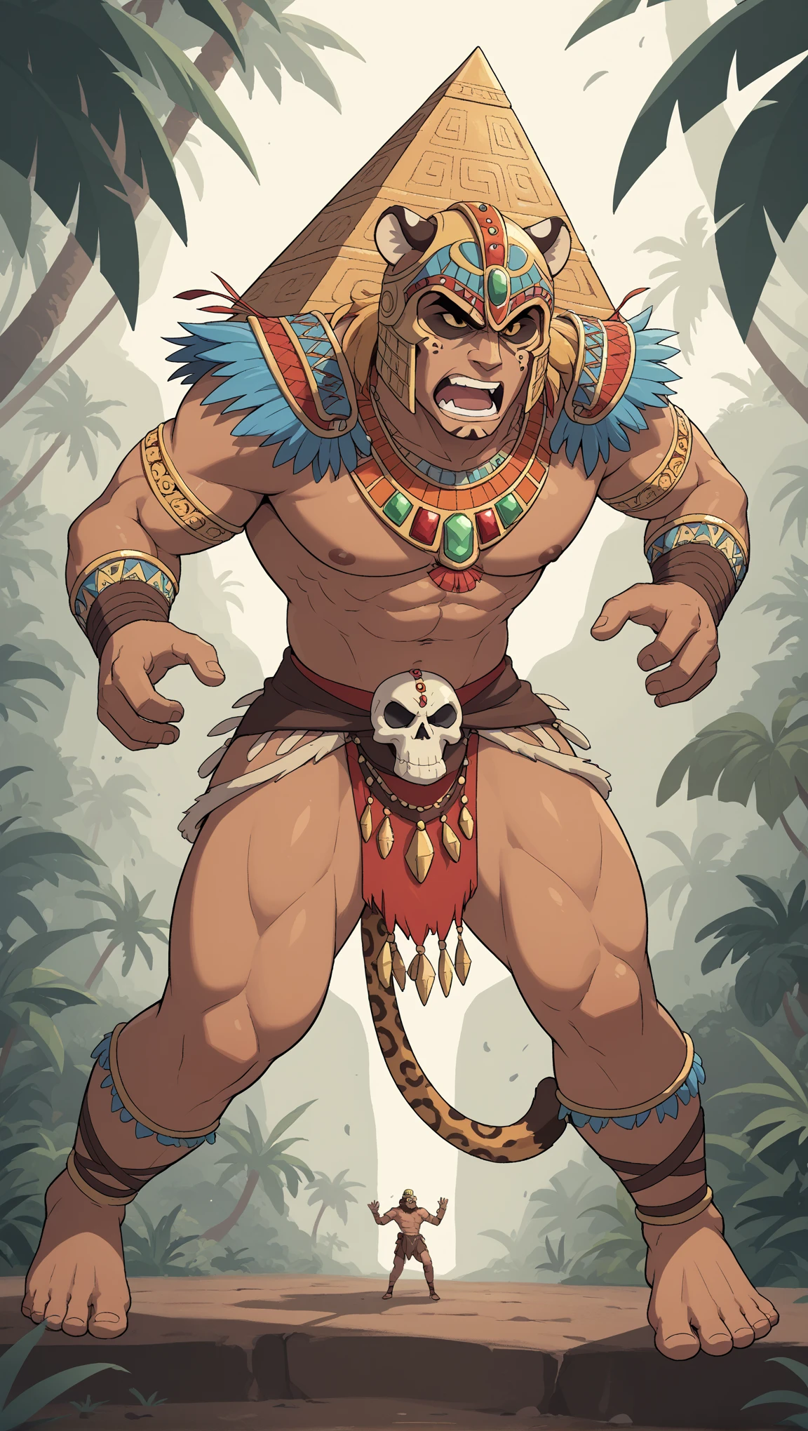 Imagine an Mayan puma Warrior, wearing a Jaguar skull as helmet, bottom half man, fierce, muscular, wearing gems and gold jewelry, but also an mayan style armor, ready to fight, background of a pyramid in the middle of the jungle, male ,one torso,one abdomen,one head,two legs,two thighs,two feet,two arms,two hands , one puma  tail, 1.68 meters tall 