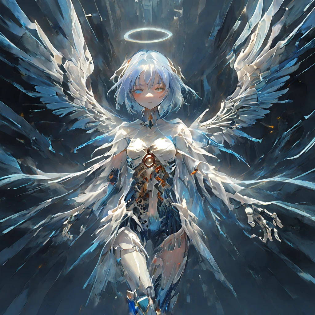 girl, blue hair, (biomechanical body: 1.5), (angel wings), full scale.
