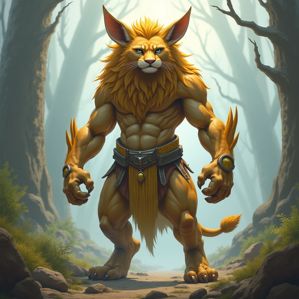 Furry, Kemono, Leon, Leomon, Digimon, (Solo), Bigg Ass, Male Bulge, masculine, Full body, Feet, (Anime Blue Eyes), (Perfect Eyes), Braided Mane, Black leather harness, Spiked Anklet, (White fitted fundoshi), (White string thong), (Fundoshi de color Blanco) , (green forest background), High Resolution, 4K Detailed, Good Lighting, Beautiful, Photorealistic, Realistic, (Japanese tight fundoshi), (White Tight male Thong), tail, Lion tail, black claw nails, Big Scar on left shoulder
