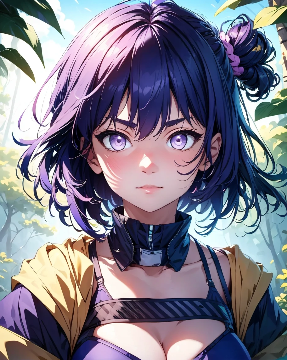 master part, best quality,  ultra-detailed , illustration, Epic lighting, cinematic  composition, isometria,(Hexagons:1.2), 1 ribbon, Bright, Alone,  purple/pink eyes , blue hair,  short hair, (low:1.2),  cleavage, bareshoulders,  hair between the eyes , medium breasts, ( dress:1.1), golden decoration,  highlighted collar , see the viewer,  half-closed eyes , (see the viewer:1.1), Split lip, Blush, particle fx, (8k:1.1), head view, face view, looking at us, random face expression, close face view, close view