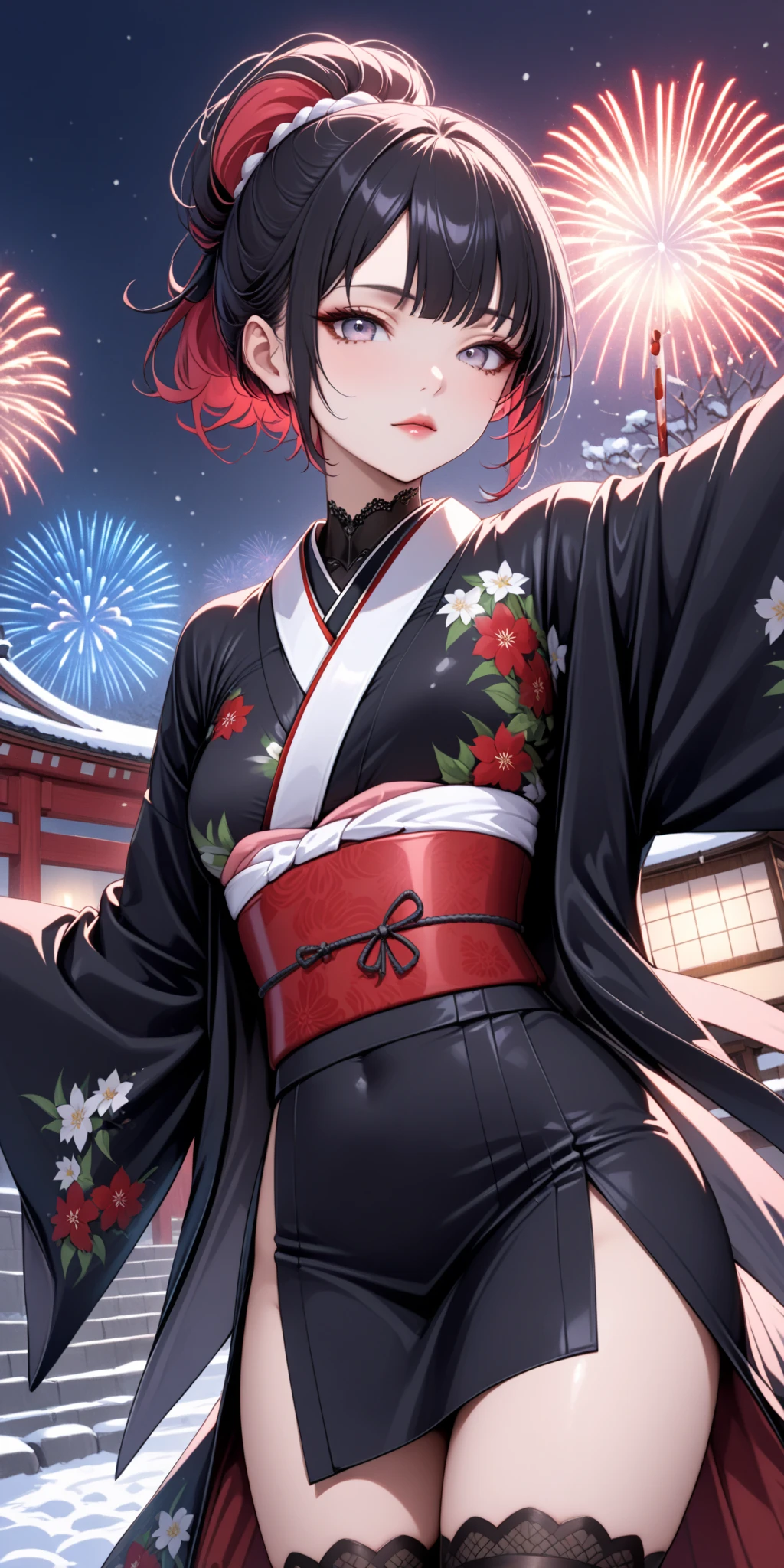 score_9, score_8_up, score_9_up, source_anime, ellenjoe, night, passionless, closed mouth, ellen joe, black hair,  sexy body, colored inner hair, multicolored hair, grey eyes, winter, hair tied back, beautiful face, hair tied up,  black kimono with red flowers pattern, stunning eyes, red hair, short hair, close-up,  two-tone hair, night, new year japanese temple, new year fireworks, morning, nostalgic face, elegant black and red kimono, short kimono, half open kimono, half open kimono, kimono open in the chest, dancing, short skirt kimono, white japanese stocking, small breasts, half opened kimono, red spider lily printing in the kimono, pink obi, winter,  winter dress, long skirt, lace collar, lace, sexy body,  small breasts, two-tone hair,  looking at viewer, beautiful eyes, solo, fantasy world, night, beautiful eyes