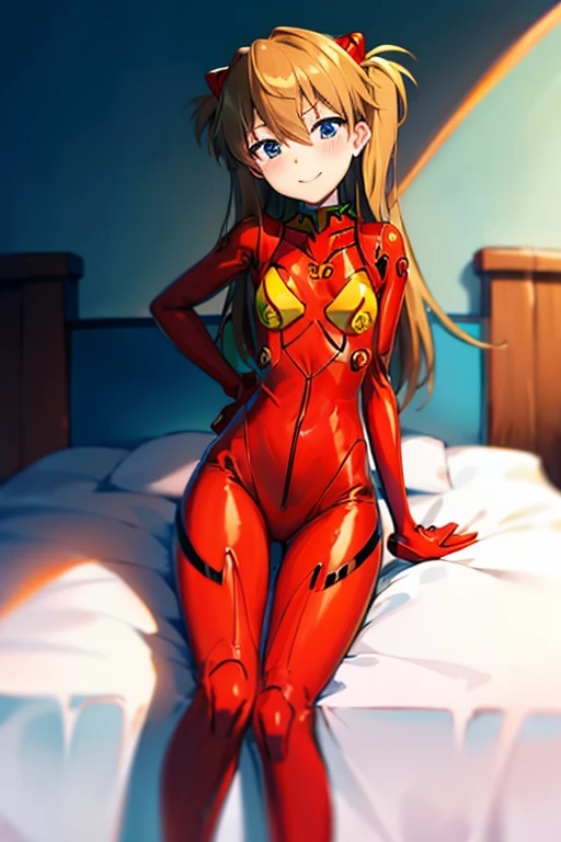 (( top quality)), ((masterpiece)), (be familiar with),  Perfect Face, indoor, bedroom,  Watching Viewers ,
One woman,  Soryu Asuka Langley,
開いた口,  ecstatic expression beside the piano, blush, smile,
 small tits,  flat chest, Young girl, Lori,  s,  girl,
 long hair,  two side up,
Leg spread,