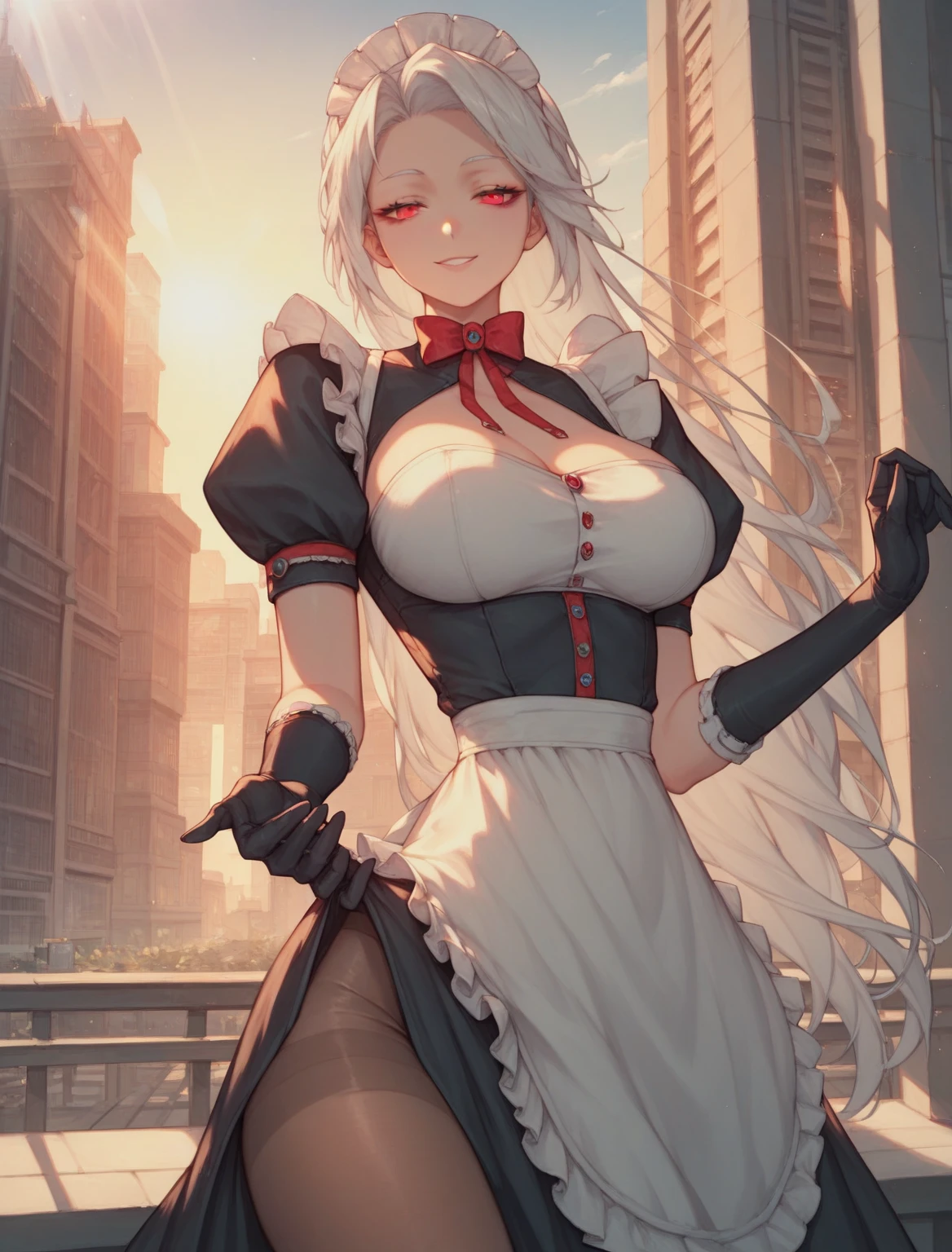 ((nicole_demara)), ((masterpiece)), ((high resolution)), ((anime style)), ((solo portrait)), {(attractive figure), (large breasts), (thick thighs), (long white hair), (half lidded eyes), (cute red eyes), (long eyelashes), (relaxed smile)}, {((maid outfit), (split dress), (white pantyhose), (black gloves)}, {(looking at viewer)}, ((city)), ((sun rays))