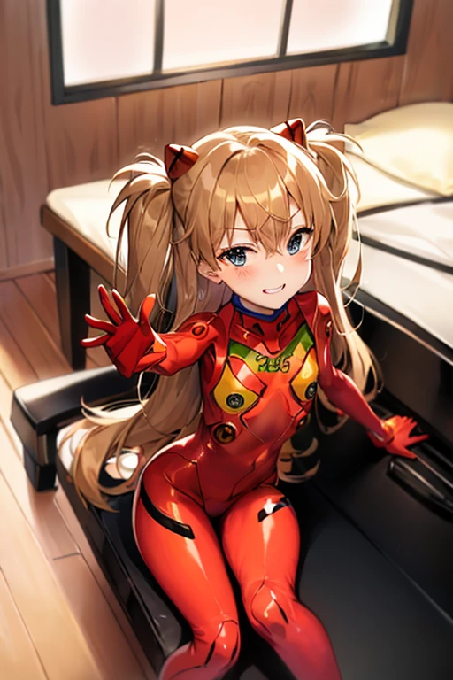 (( top quality)), ((masterpiece)), (be familiar with),  Perfect Face, indoor, bedroom,  Watching Viewers ,
One woman,  Soryu Asuka Langley,
開いた口,  ecstatic expression beside the piano, blush, smile,
 small tits,  flat chest, Young girl, Lori,  s,  girl,
 long hair,  two side up,
Leg spread,