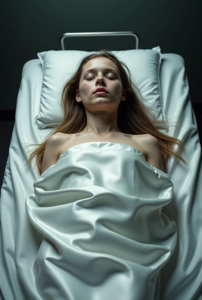 Female mortician dressing dead nude young boy very long hair eyes