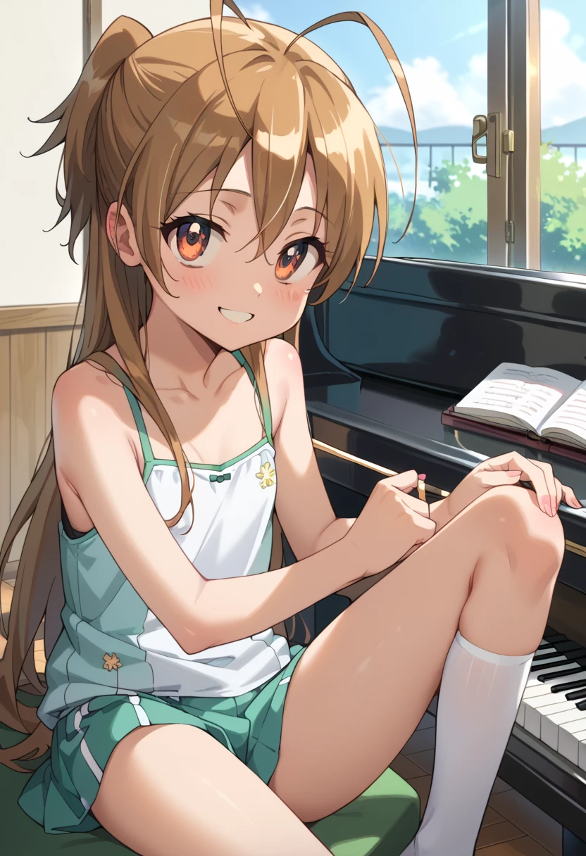 (( top quality)), ((masterpiece)), (be familiar with),  Perfect Face, indoor, bedroom,  Watching Viewers ,
One woman, Miyamoto Rei,
開いた口,  ecstatic expression beside the piano, blush, smile,
 small ,  flat chest, Young girl, Lori,  ,  girl,
 long hair,  ponytail,
Leg spread,