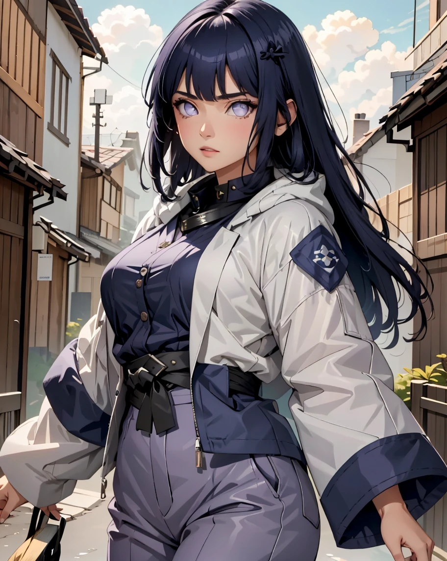 master part, best quality,  ultra-detailed , illustration, Epic lighting, cinematic  composition, isometria,(Hexagons:1.2), 1 A petite, fair-skinned young woman with long, silky indigo hair that frames her face and falls past her shoulders, pale lavender eyes with no visible pupils (indicative of her Byakugan), and a gentle, reserved expression. She often wears a lavender jacket with cream fur lining and navy-blue pants, paired with black ninja sandals