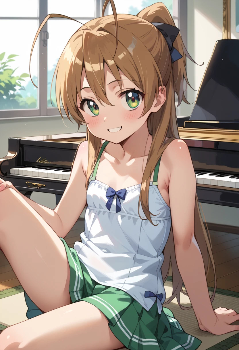 (( top quality)), ((masterpiece)), (be familiar with),  Perfect Face, indoor, bedroom,  Watching Viewers ,
One woman, Miyamoto Rei,
開いた口,  ecstatic expression beside the piano, blush, smile,
 small ,  flat chest, Young girl, Lori,  kids,  girl,
 long hair,  ponytail,
Leg spread,