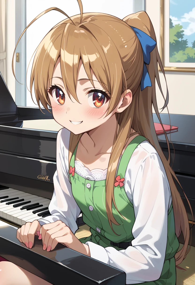 (( top quality)), ((masterpiece)), (be familiar with),  Perfect Face, indoor, bedroom,  Watching Viewers ,
One woman, Miyamoto Rei,
開いた口,  ecstatic expression beside the piano, blush, smile,
 small ,  flat chest, Young girl, Lori,  kids,  girl,
 long hair,  ponytail,
Leg spread,