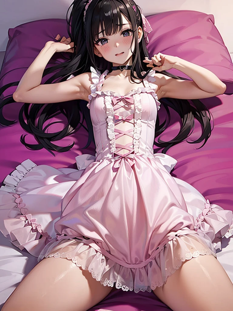 from above,full body,{best quality}, {{masterpiece}}, {highres}, original, extremely detailed 8K wallpaper, 1girl, {an extremely delicate and beautiful},ray tracing,{best quality}, {{masterpiece}}, {highres}, original, extremely detailed 8K wallpaper, {an extremely delicate and beautiful},incredibly_absurdres,colorful,intricate detail,artbook,on bed,indoors,photorealistic,Aestheticism Painting,photo (medium) ,solo,curly_hair,black_hair/black_eyes,facing viewer,looking up,lying on back,arms behind head,orgasm,surprised,wide-eyed,night dress,striped_thighhighs, tetas, sexi y escolar sexi