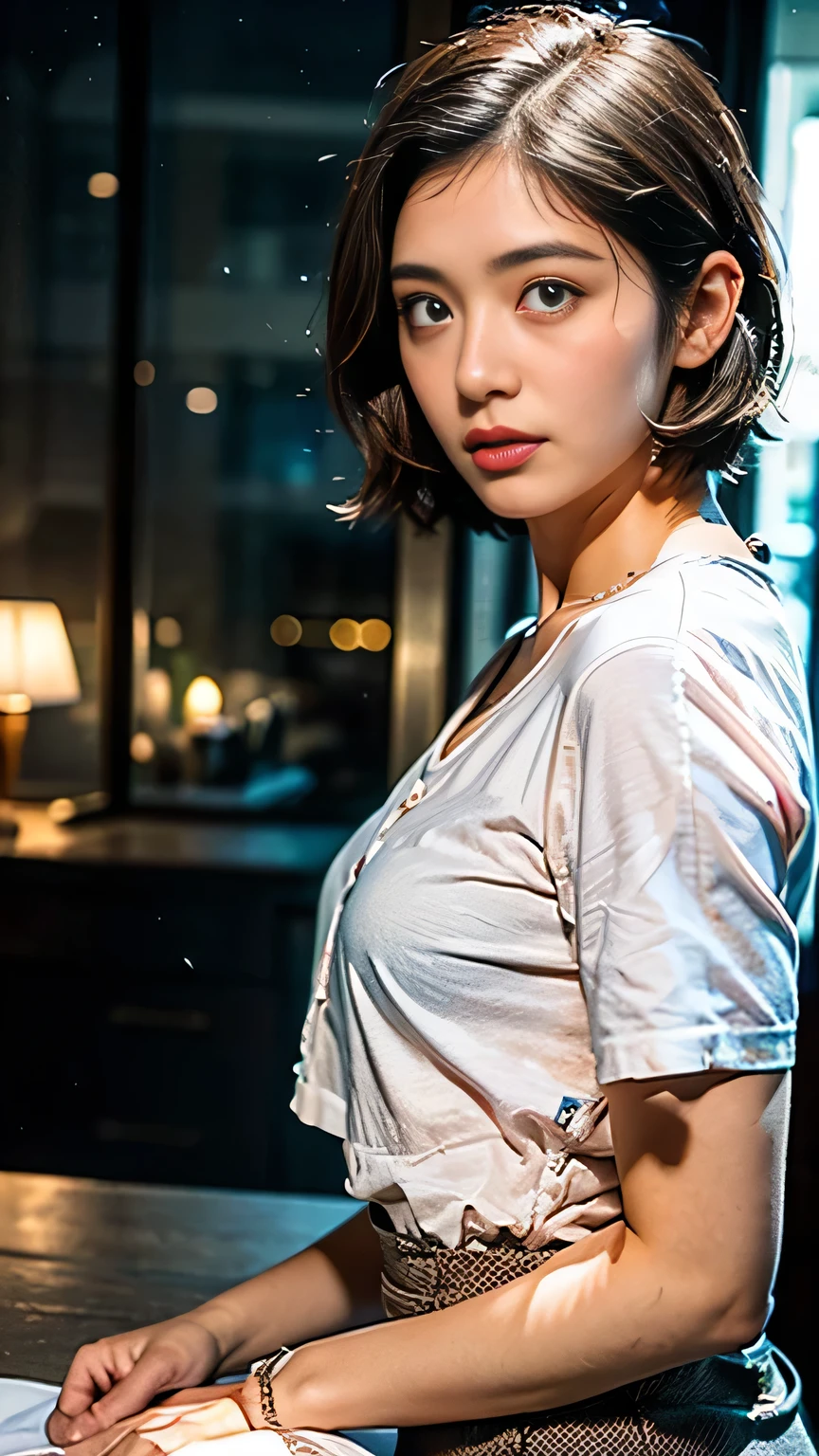 ((Best quality, 8k, Masterpiece :1.3)), Sharp focus :1.2, A pretty woman with perfect figure :1.4, Slender abs :1.2, ((Layered haircut, Big breasts :1.2)), (Wet thin button up long shirt :1.1), (Rain, Street:1.2), Wet body :1.1, Highly detailed face and skin texture, Detailed eyes, Double eyelid