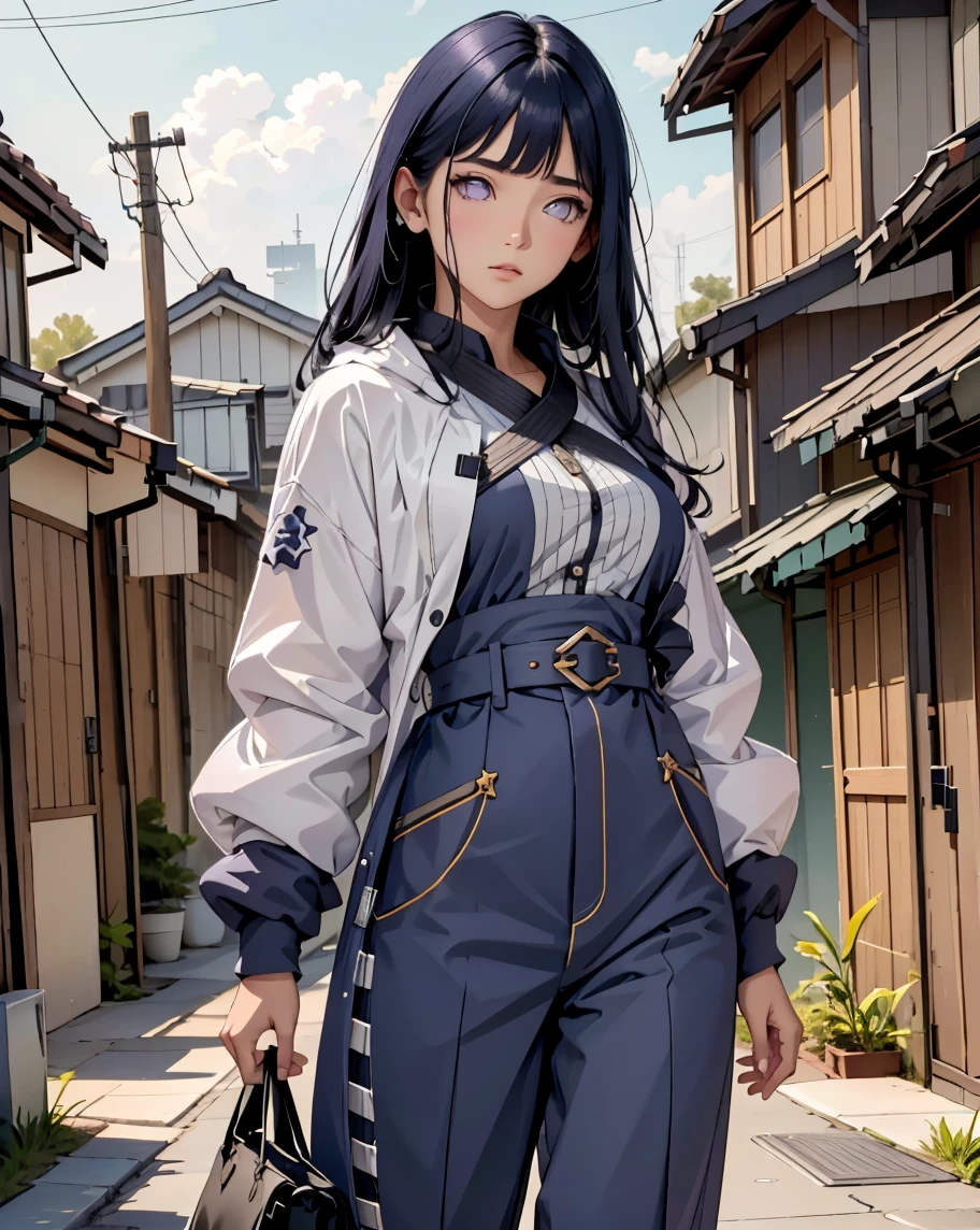 master part, best quality,  ultra-detailed , illustration, Epic lighting, cinematic  composition, isometria,(Hexagons:1.2), 1 A petite, fair-skinned young woman with long, silky indigo hair that frames her face and falls past her shoulders, pale lavender eyes with no visible pupils (indicative of her Byakugan), and a gentle, reserved expression. She often wears a lavender jacket with cream fur lining and navy-blue pants, paired with black ninja sandals, front view, face view, only face, close view