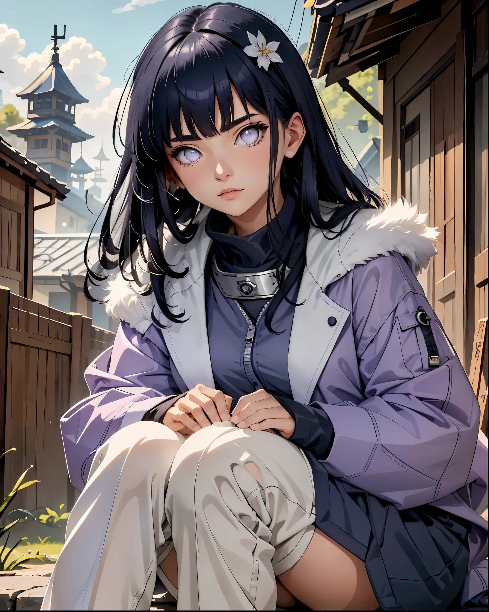 master part, best quality,  ultra-detailed , illustration, Epic lighting, cinematic  composition, isometria,(Hexagons:1.2), 1 A petite, fair-skinned young woman with long, silky indigo hair that frames her face and falls past her shoulders, pale lavender eyes with no visible pupils (indicative of her Byakugan), and a gentle, reserved expression. She often wears a lavender jacket with cream fur lining and navy-blue pants, paired with black ninja sandals