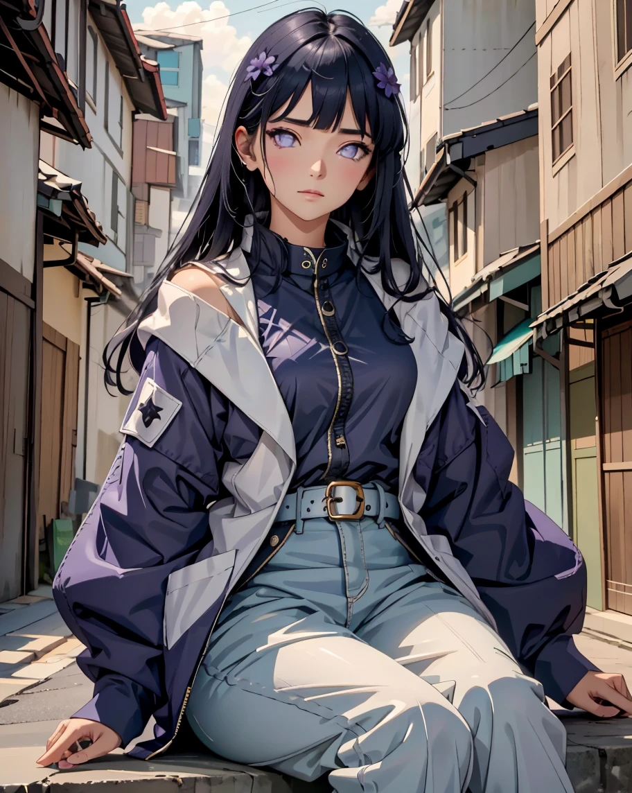 master part, best quality,  ultra-detailed , illustration, Epic lighting, cinematic  composition, isometria,(Hexagons:1.2), 1 A petite, fair-skinned young woman with long, silky indigo hair that frames her face and falls past her shoulders, pale lavender eyes with no visible pupils (indicative of her Byakugan), and a gentle, reserved expression. She often wears a lavender jacket with cream fur lining and navy-blue pants, paired with black ninja sandals