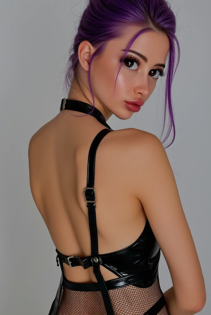 porn girls , Latex shoker,young girl 18 years, No mask cute young face,The face is watching ,  purple hair ,ponytail, black eyes,See full upper body, Latex harness,Fetisch harness strings latex, Strapse Latex, Mesh Stockings