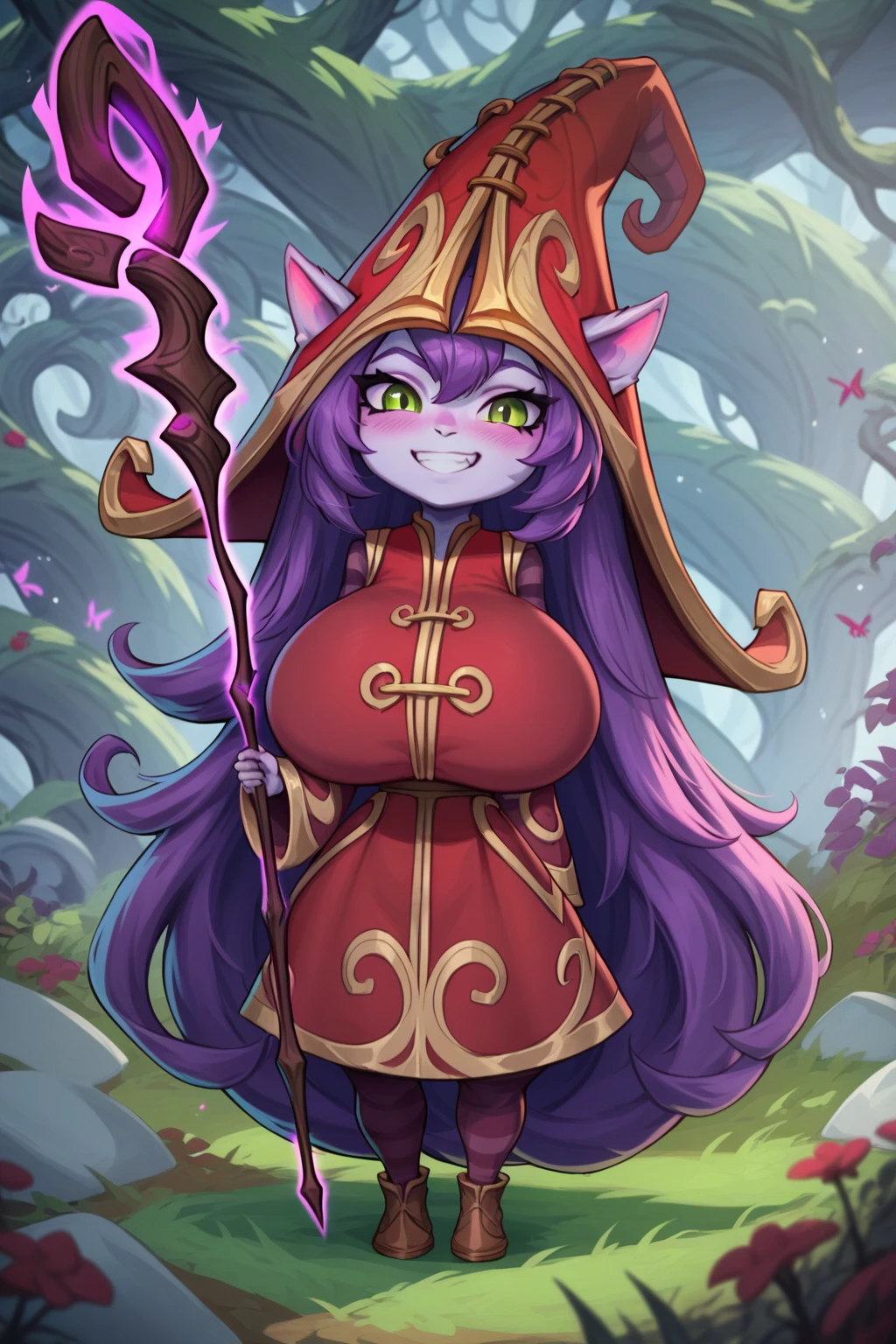 Lulu from League of Legends, Yordle, Short, Shortstack, Pink-Bluish Skin, Purple Hair, Long Hair, Red Hat, Red Mage Robes, Robes Fully Covering Body, Holding a Staff, Forest Background, Huge Breasts, Huge Breasts, Massive Breasts, Wide Hips, Thin Waist, Very Thin Waist, Wasp Waist, Solo, Aerial View, Smiling, (cartoon-style bold line work:1.2), vibrant colors, cel shading, Simplistic Art Style, looking at viewer, solo