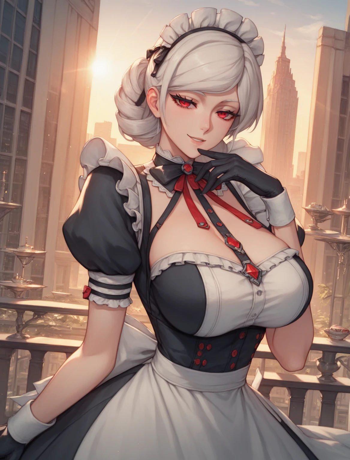 ((alexandrina sebastiane)), ((masterpiece)), ((high resolution)), ((anime style)), ((solo portrait)), {(attractive figure), (large breasts), (thick thighs), (long white hair), (half lidded eyes), (cute red eyes), (long eyelashes), (relaxed smile)}, {((maid outfit), (split dress), (white pantyhose), (black gloves)}, {(looking at viewer)}, ((city)), ((sun rays))