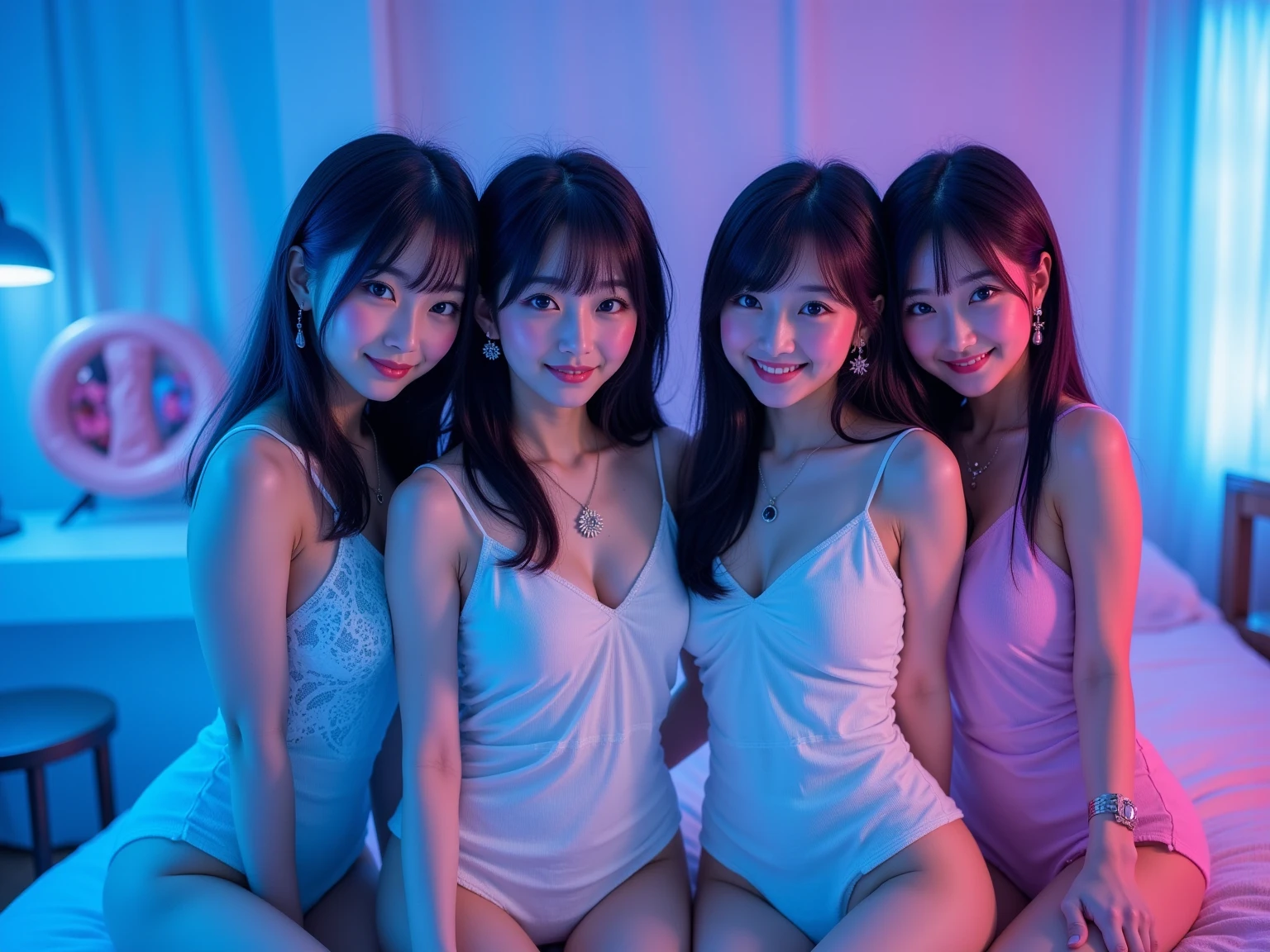 (masterpiece:1.2, top quality ,real photo),****ars old , japanese ,5girls,break,,,(not nsfw ,entwine each,one piece dress,cute clothing:1.6),break,(:),break,(bed,blue and pink lighting,hide nipples:1.3),break,(smile:1.),break,(  pose,petie,, fancy earrings, necklace ,, small chest :1.1),(short height, Very Slim Body,pale skin,soft skin :1.2),break, black hair,long hair,(Beautiful and cute eyes),Blushed,  healthy skin, ,break,( Watch Viewers :1.3),,8k resolution,,break,(perfectly focused :1.3),,(, colorful ,:1),,( depth of field ),Bokeh,A small bikini with a ,Luminous and  colorful  lighting setup for model photography,lens flare,, cinematic lighting,   ray tracing 、