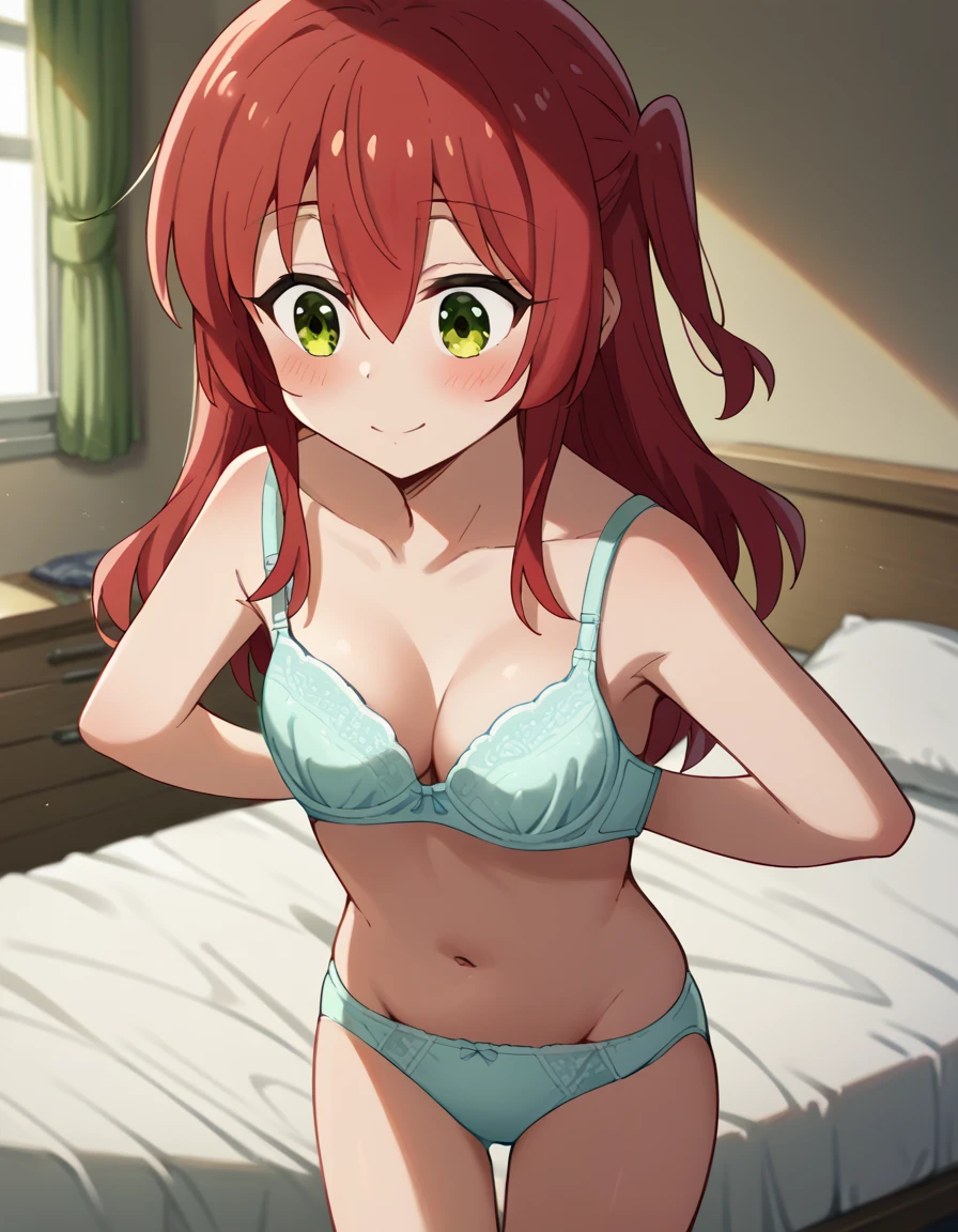 score_9, score_8_up, score_7_up, source_anime,, ikuyo kita, green eyes, hair between eyes, long hair, one side up, red hair,, adjusting bra, bra, panties, navel, , adjusting clothes, removing bra,, indoors, bed, bed room, cowboy shot, dutch angle, smile, blush