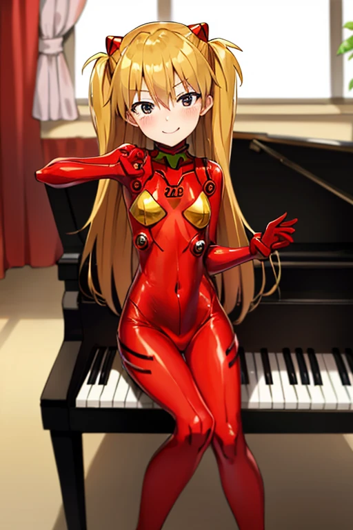 (( top quality)), ((masterpiece)), (be familiar with),  Perfect Face, indoor, bedroom,  Watching Viewers ,
One woman,  Soryu Asuka Langley,
開いた口,  ecstatic expression beside the piano, blush, smile,
 small tits,  flat chest, Young girl, Lori,  s,  girl,
 long hair,  two side up,
Leg spread,