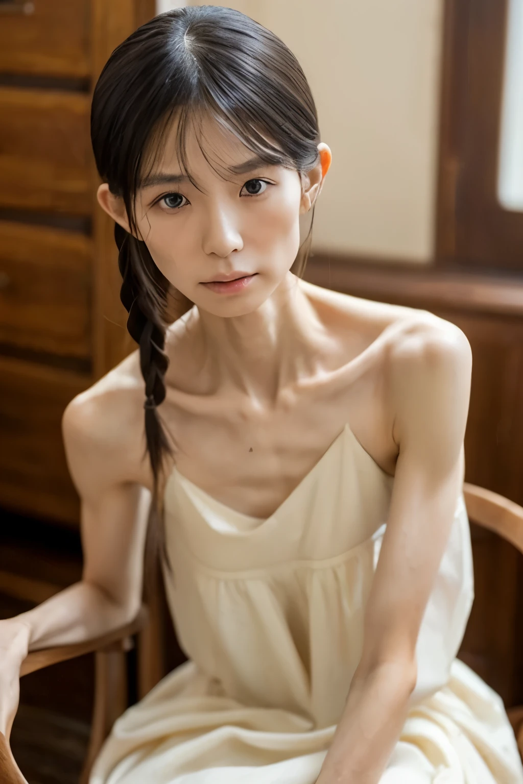(8k、RAW Photos、Highest quality、masterpiece:1.2)、(Realistic、Realistic)、1 girl、((Completely naked、nude、nude:1.6))、Small breasts、(Thin arms)、((Flat Chest:1.6))、(Embarrassed expression:1.4)、(Serious expression:1.6)、Lots of eyelashes、Add shine to your eyelids、skeletally correct、(Thin pubic hair:1.6)、(Browsing Caution:1.8)