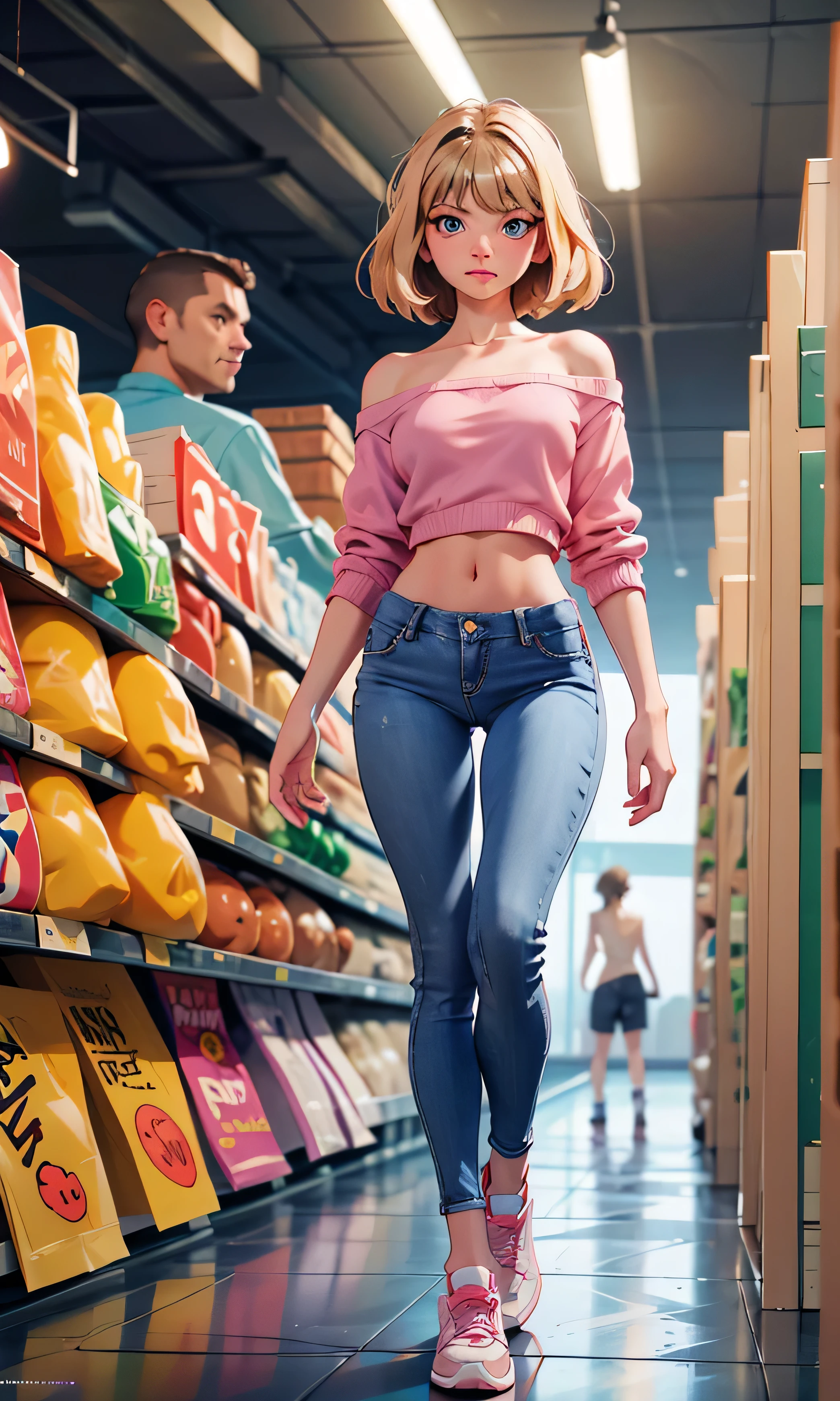 Masterpiece, Gina gerson, babe, beautiful, slim, head on, watching the spectator, short hair, blonde hair, blue eyes, full body, textured skin, pretty legs, long legs, abdomen, sexy, jeans, sports shoes, (((naked))), in the aisle of a supermarket,