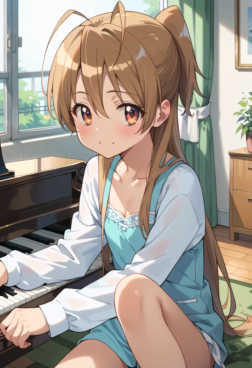 (( top quality)), ((masterpiece)), (be familiar with),  Perfect Face, indoor, bedroom,  Watching Viewers ,
One woman, Miyamoto Rei,
開いた口,  ecstatic expression beside the piano, blush, smile,
 small ,  flat chest, Young girl, Lori,  kids,  girl,
 long hair,  ponytail,
Leg spread,