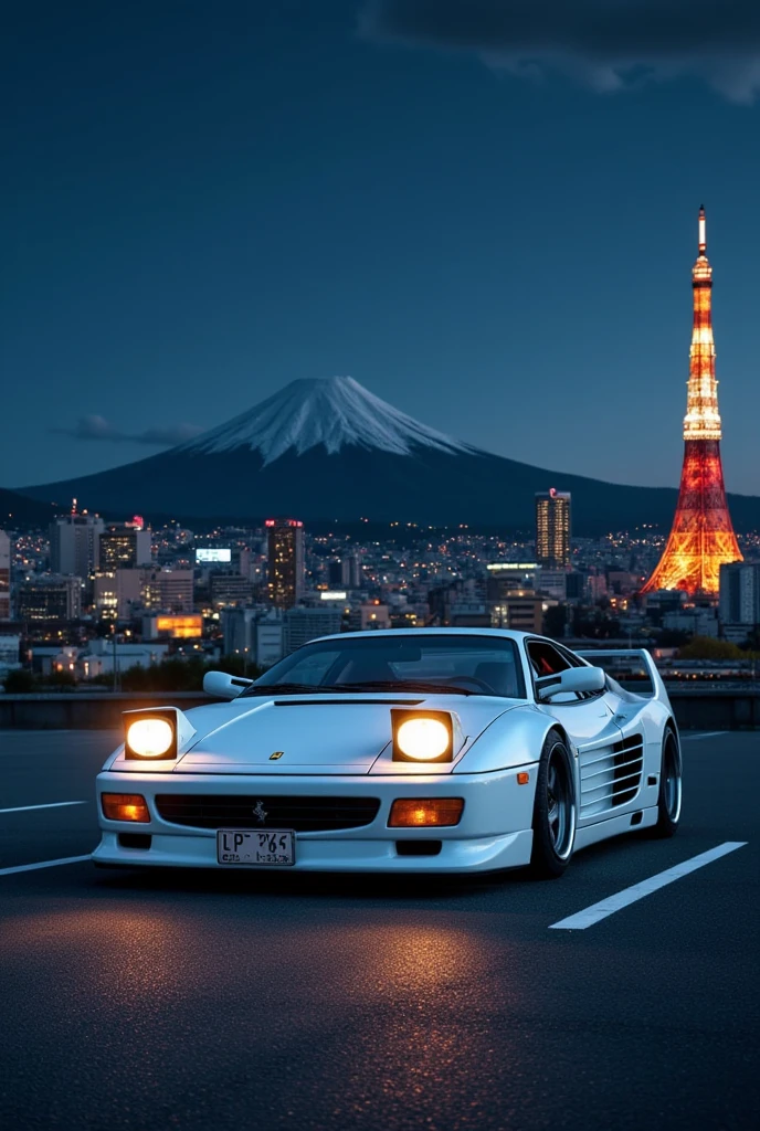 make a wallpaper of Tokyo with mount fuji, and a ferrari testarossa in white color with liberty walk body kit showing in the poster in a night scenery, tokyo city lights,clear night sky, testarosa with popup headlights on