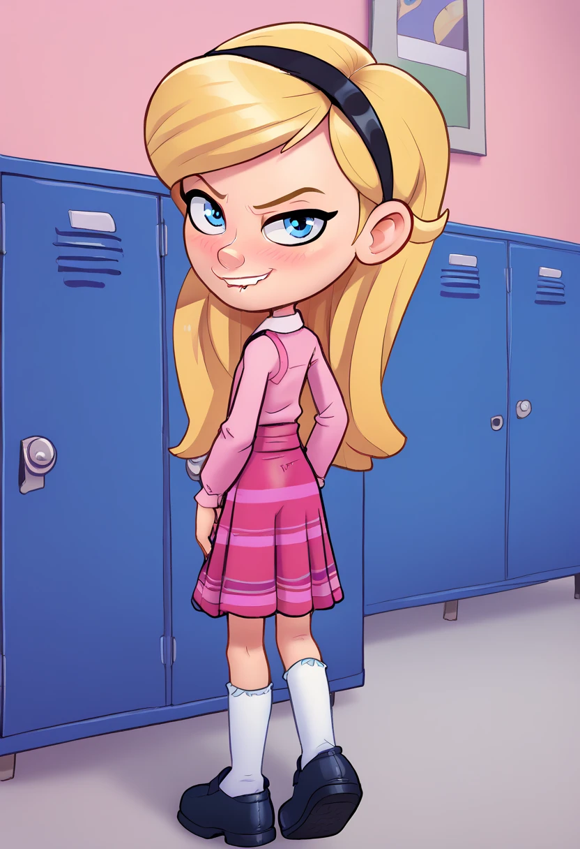 Andystyle, 1girl, full body, solo, penny peterson, long hair, blue eyes, 3d, blonde hair, skirt, hairband, black hairband, white socks, dress, pink dress, long sleeves, score_9,score_8_up,score_7_up,score_6_up,score_5_up, blushing, butt Clench, looking at viewer:1.3), showing butt, backside, Lip bite, naughty Smile,, school, school lockers,