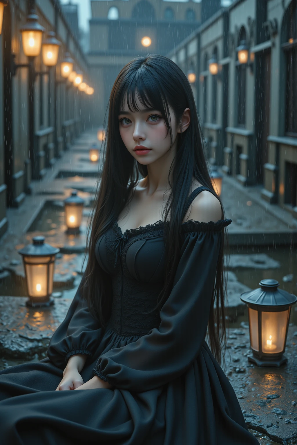 ( Extremely Detailed CG Unity 8K Wallpaper),  Beautiful Young Woman in the Rain , dress,  Sitting , There are lanterns in the graveyard ., style-empire, ( style glass ), (((surrealism))), saturated_body_shot, dramatic,  backlit , Light ,  turning on the volume light ,  detailed face,  very detailed, painting