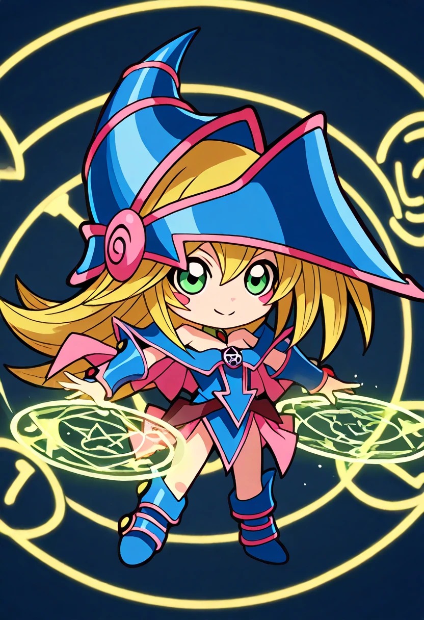 chibi-dol, Dark Magician Gir, magic circle, magic power light, dynamic pose, blush stickers, smile, chibi, flat chest,