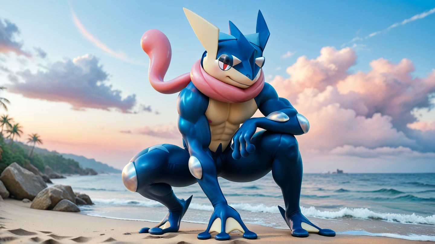 (      masterpiece,       better quality:1.2),alone, greninja  male     \(pokemon\),pokemon \(creature\),      full body,           there are no humans,      extended arms     ,       blue skin      ,        tight pants with long tabs looking at the spectator ,blue sky,  posture:   standing on two legs    ,     foot cream  , husky, husky, salivating,    seductive look   ,    marked muscles,  below,    on the beach, pastel pink sky  , white clouds, Blue Sea,     greninja    , salivating, Look with love   