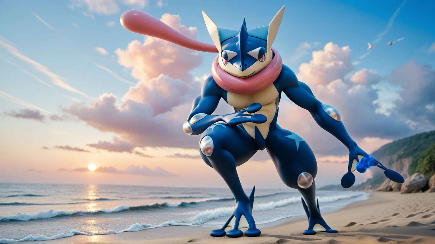 (      masterpiece,       better quality:1.2),alone, greninja  male     \(pokemon\),pokemon \(creature\),      full body,           there are no humans,      extended arms     ,       blue skin      ,        tight pants with long tabs looking at the spectator ,blue sky,  posture:   standing on two legs    ,     foot cream  , husky, husky, salivating,    seductive look   ,    marked muscles,  below,    on the beach, pastel pink sky  , white clouds, Blue Sea,     greninja    , salivating, Look with love   