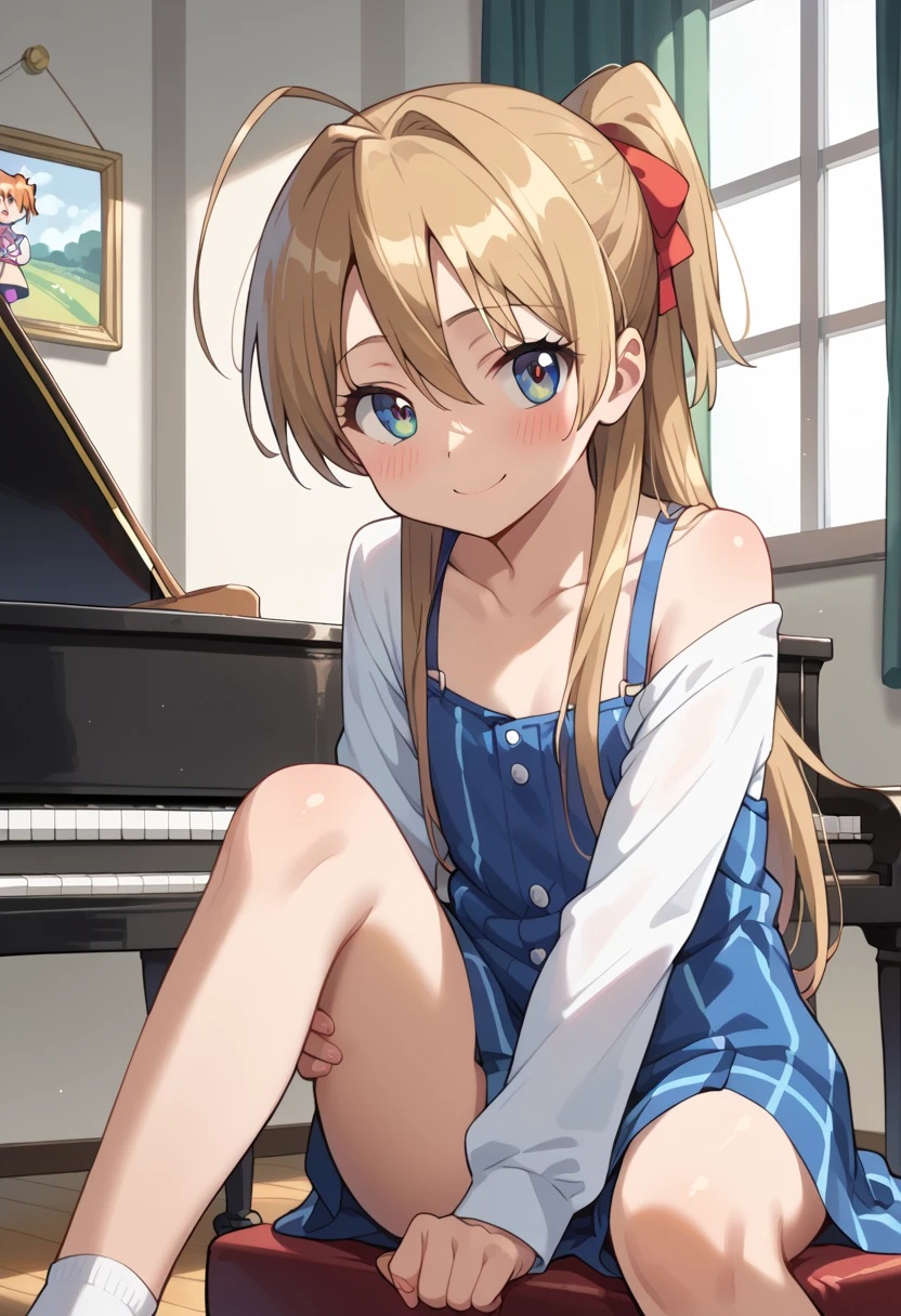 (( top quality)), ((masterpiece)), (be familiar with),  Perfect Face, indoor, bedroom,  Watching Viewers ,
One woman, Miyamoto Rei,
開いた口,  ecstatic expression beside the piano, blush, smile,
 small ,  flat chest, Young girl, Lori,  ,  girl,
 long hair,  ponytail,
Leg spread,