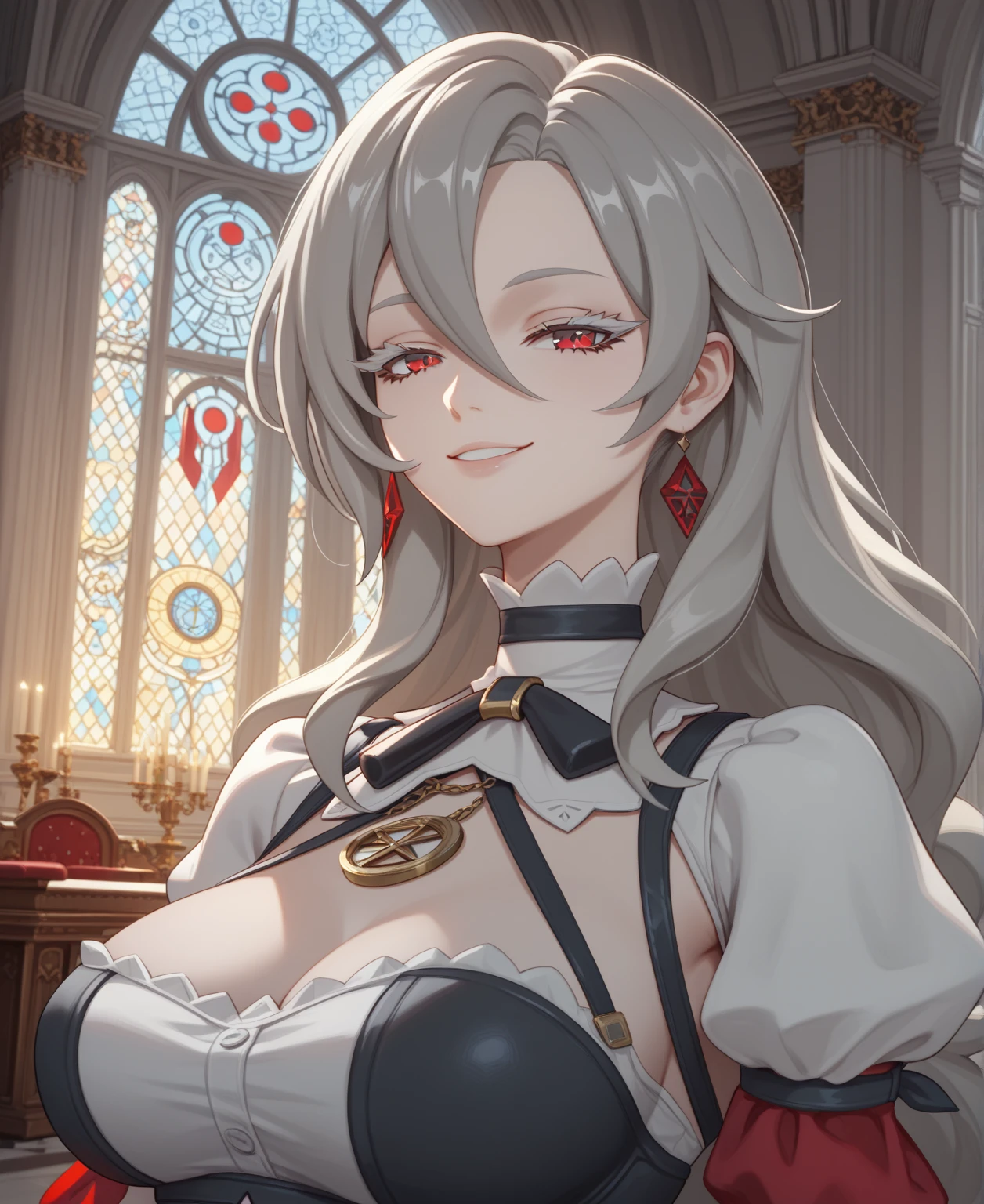 ((alexandrina sebastiane)), ((zenless zone zero)), ((masterpiece)), ((high resolution)), ((anime style)), ((solo portrait)), {(attractive figure), (large breasts), (thick thighs), (long grey hair), (half lidded eyes), (cute red eyes), (long eyelashes), (relaxed smile)}, {}, {(looking at viewer)}, ((mansion))