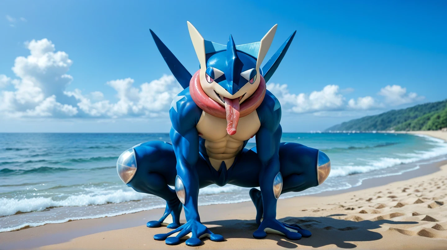 (     masterpiece,      better quality:1.2),alone,greninja male    \(pokemon\),pokemon \(creature\),     full body,         there are no humans,     extended arms    ,      blue skin     ,        pants looking at the spectator ,blue sky,   crouching posture   ,    foot cream , husky, husky, salivating,   seductive look  ,   marked muscles,  down, Hands raised upwards,   on the beach, blue sky, white clouds, Blue Sea,  squatting posture  ,  hands on knees  , Gekkouga Greninja Long Tongue  , salivating