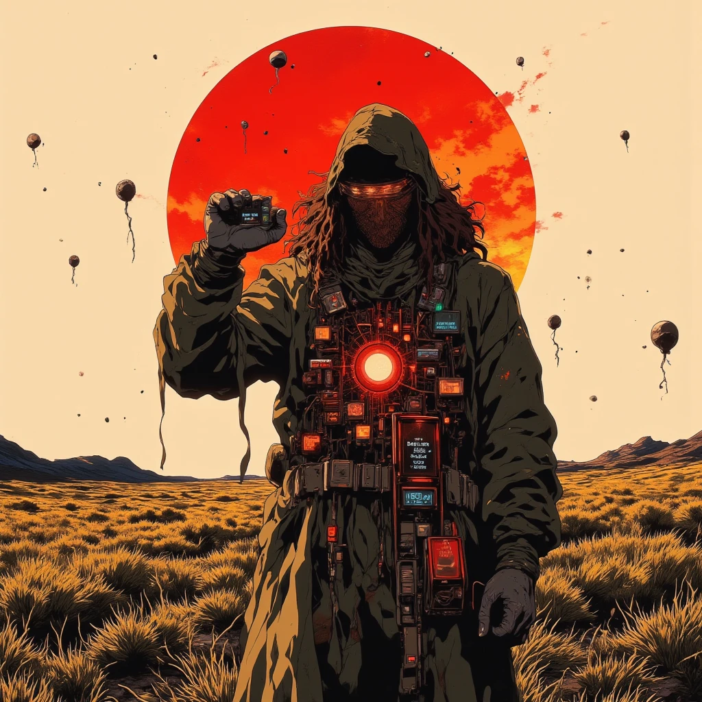 in style of Santiago Caruso,Linear delusion, Collage art：A man standing in a field，Behind me is a huge red sun，Fantasy Art, galaxy,illustration, Vector Sad guy in old hooded jacket, designed as hologram, words '"Everything’s pointless."' on console , shadow on face, mysterious, with dreadlocks holding LCD board with strange words, simple background with futuristic elements, floating computer interfaces, bits high quality, 8K Ultra HD, A beautiful double exposure that combines an goddess silhouette with sunset coast, sunset coast should serve as the underlying backdrop, with its details incorporated into the goddess , crisp lines, The background is monochrome, sharp focus, double exposure, by yukisakura, awesome full color,
