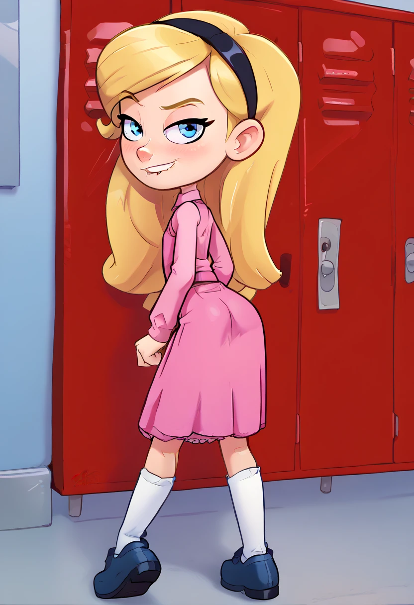 Andystyle, 1girl, full body, solo, penny peterson, long hair, blue eyes, 3d, blonde hair, skirt, hairband, black hairband, white socks, dress, pink dress, long sleeves, blushing, butt Clench, looking at viewer:1.3), showing butt, backside, Lip bite, naughty Smile,, school, school lockers,