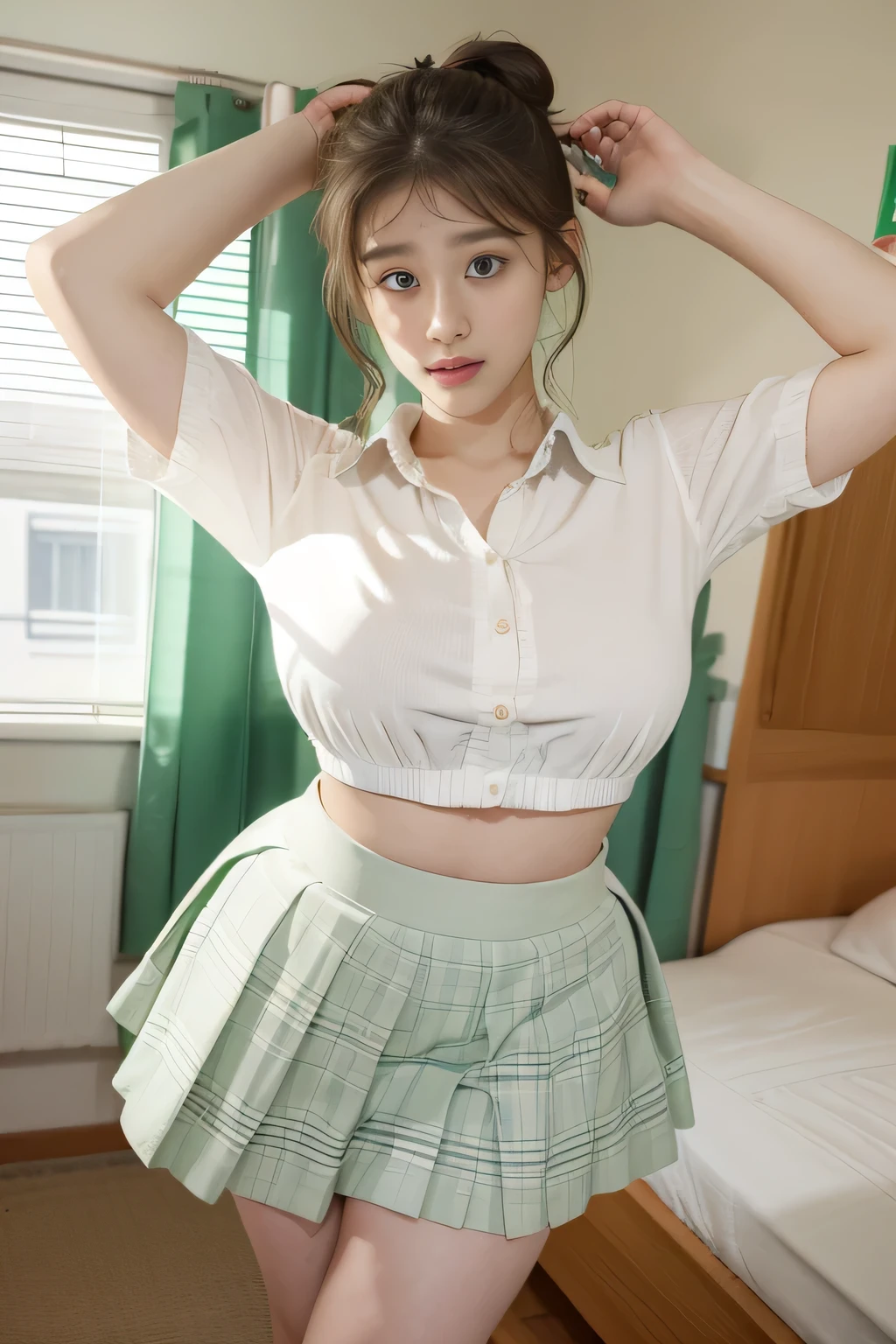 Bedroom photo of 26yo in school school photo in school masterpiece, (photorealistic:1.4), best quality, beautiful lighting,Eleanor Pakistani girl 20yo Old Big Breasts Plus Size Model Bun lHair Bun Hair Long extremely curly Hair Lifts Skirt Up Raised Skirt