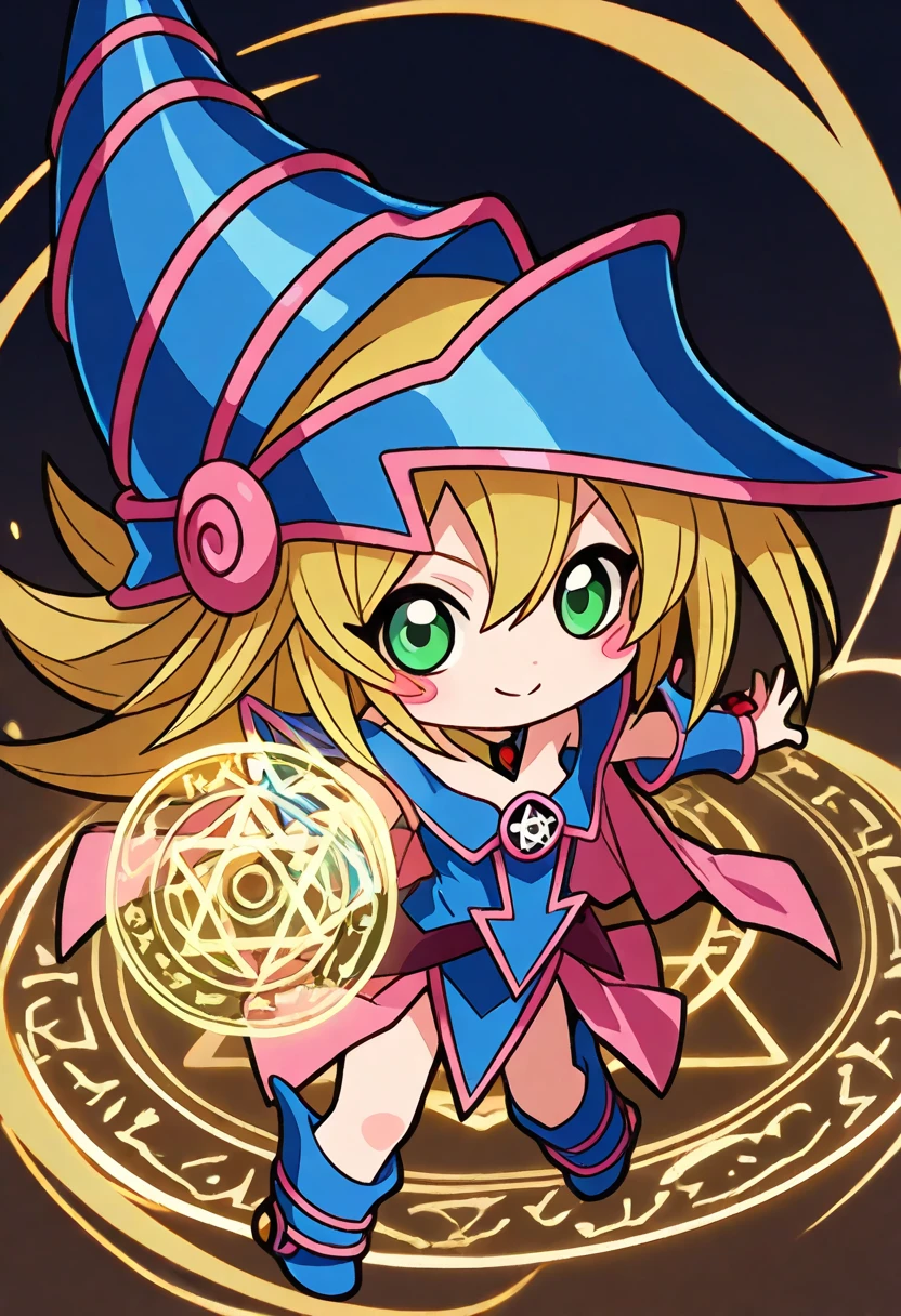 chibi-dol, Dark Magician Gir, magic circle, magic power light, dynamic pose, blush stickers, smile, chibi, flat chest,