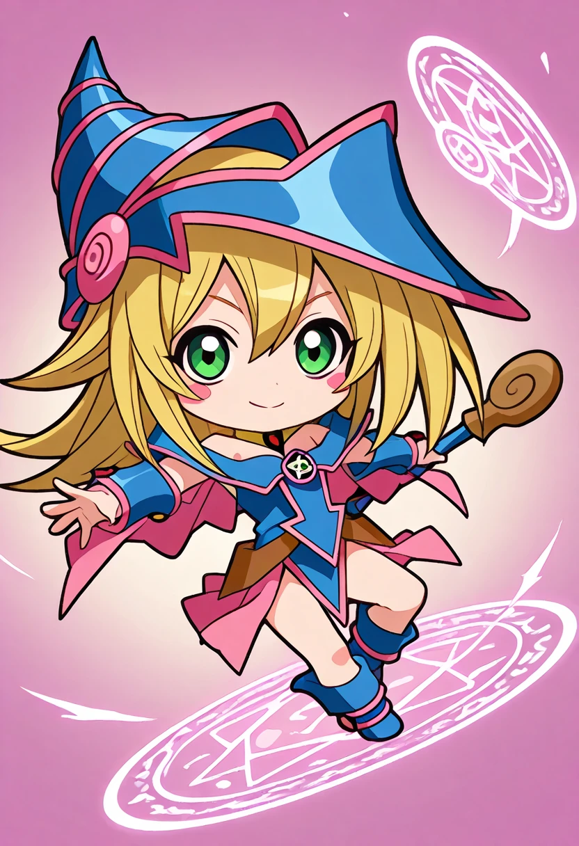 chibi-dol, Dark Magician Gir, magic circle, magic power light, dynamic pose, blush stickers, smile, chibi, flat chest,