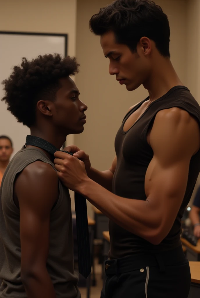 Imagine a music class room, with two handsome men (one short and drown skinned with coily hair , the other muscular with dark hair - he's asian) the shorter dark skinned man holds onto to the taller mans tie as the asian, taller man stares at him seductively 