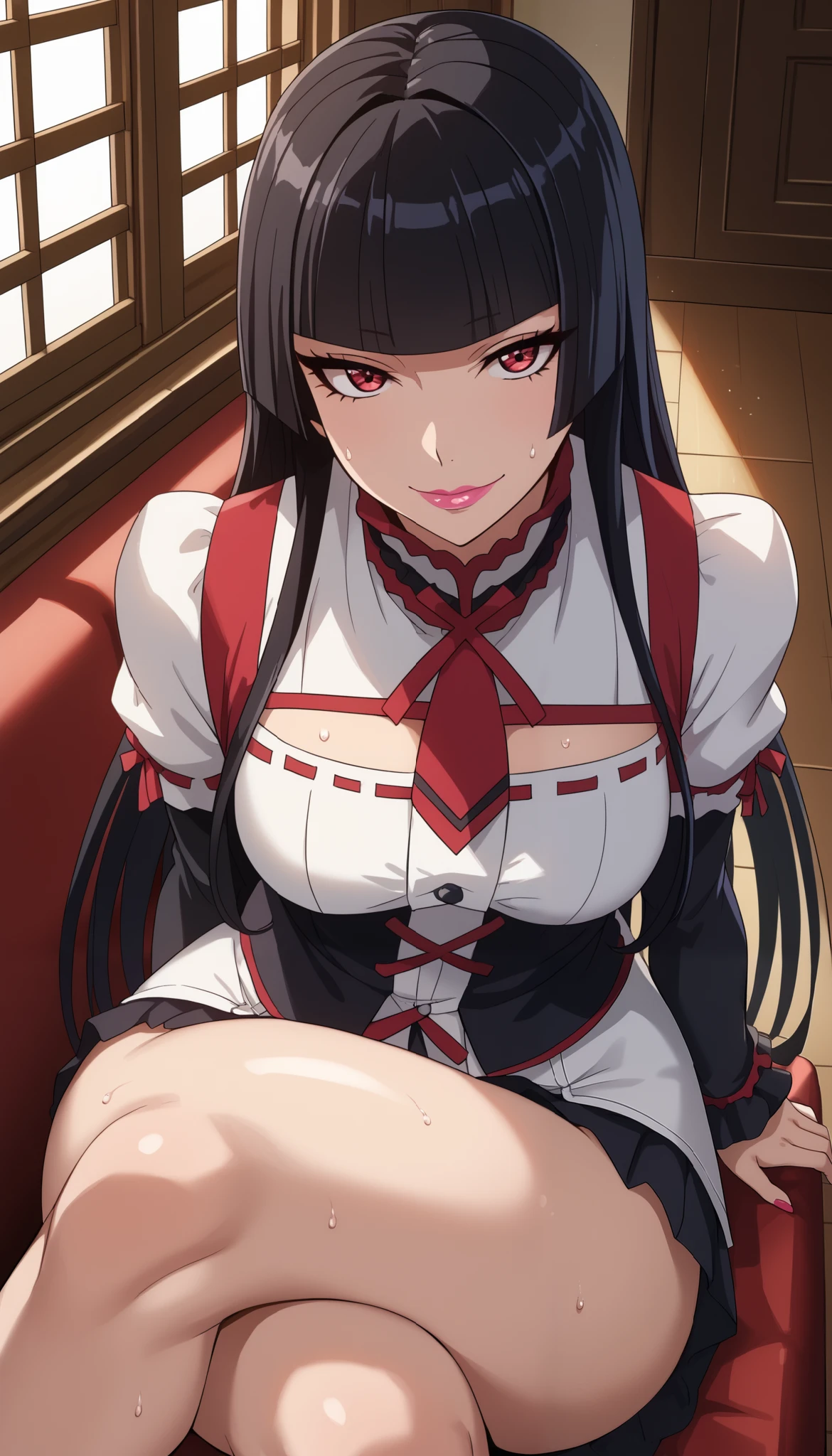 score_9, score_8_above, score_7_above, score_6_above, score_5_above, score_4_above, source_anime, tag1, Rotulo2, quality_ masterpiece , Anatomically correct , pretty face, s , Highly detailed pretty face and eyes, attractive face, detailed face , Delicate facial features, detailed skin, wide hips , big ass, thick legs , mature woman, long hair , bedroom eyes , Sweat rating _ Of course, maternal face, detailed eyes , sitting, corpo sexy, pretty face, Rory Mercury , long hair , black hair, red eyes , fringe, blunt fringe, hime cut, pink lips , little woman, change, RoryMercury , 1 , Alone, with the mouth closed , light smile , long hair , black hair, red eyes , hime cut, blunt fringe, lipstick, sitting, crossed legs , looking at the spectator , inside the house, window, night, lua, big boobs , without tape on hair , No tape , corpo sexy, seductive face