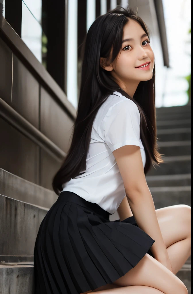 ((masterpiece)),(detailed),(perfect face),(thin),((sexy long legs)),((beautiful legs)),(slim),((boob flash)),(( slip)),(horny smile),((very sexy emotional face)),((very long straight hair)),(looking at viewer),(black hair),((trained body)),((smiling)),(top-quality),(Photo realsitic:1.4),Raw photo,((two -old girl)),(((black straight hair)),(((Take different poses))),glowy skin,(Happiness:1.2),(she wearing Thai university uniform black pleated mini skirt:1.5),((portrait)),(close up shot), ((Thai university uniform black pleated mini skirt:1.5)), ((White Thai university-uniform shirt:1.5)), ((in front of Thai university stairs:1.5)), Thai script in background, ((brown belt)), ((detailed cute face:1.5)), ((14-yo Thai nisit girl:1.5)), ((long beautiful legs:1.5)), nsfw, beautiful thigh, ((back angle:1.2)), ((low angle:1.2))