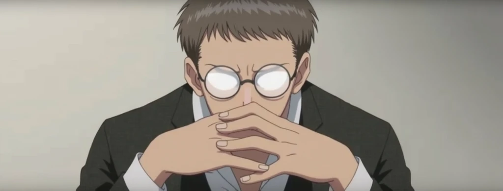 This same character but instead having his hands in front of his mouth, One of the hands will be adjusting the glasses